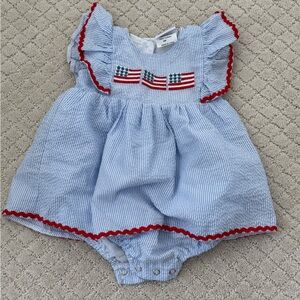 Stitchy Fish Patriotic Flag Seersucker Striped Blue and Red Kids Dress